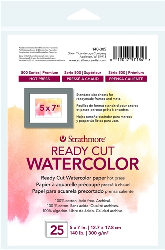 WATERCOLOR PAPER READY CUT 5X7 140 LB/300 g/m2 HOT PRESSED 25 SHEET PACK 140 -305