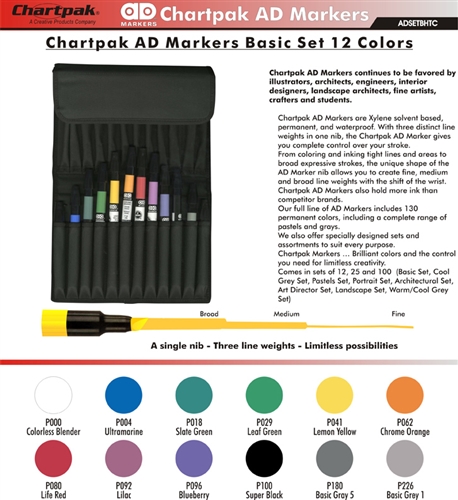 Chartpak AD Markers Basic Assorted Colors (Set of 12)